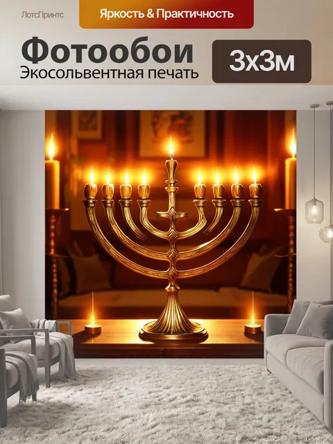 Фотообои изображение меноры, выполненной из богатого золотого металла, на фоне уютного интерьера с теплым освещением