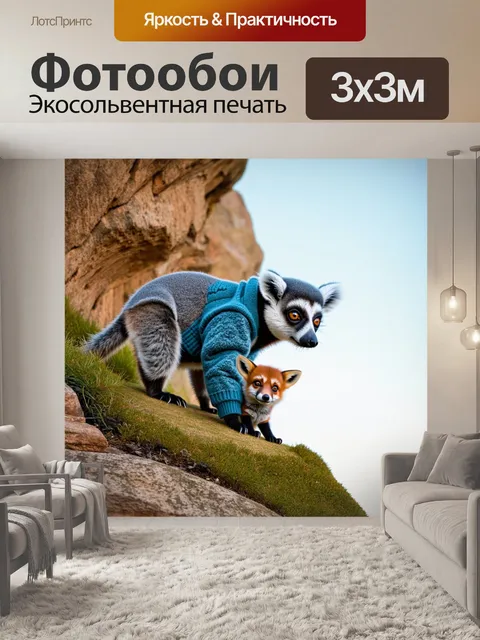 Фотообои на уединённой скале, лемур в спортивном костюме и лисёнок в кофте работают над проектом, исполненным в…