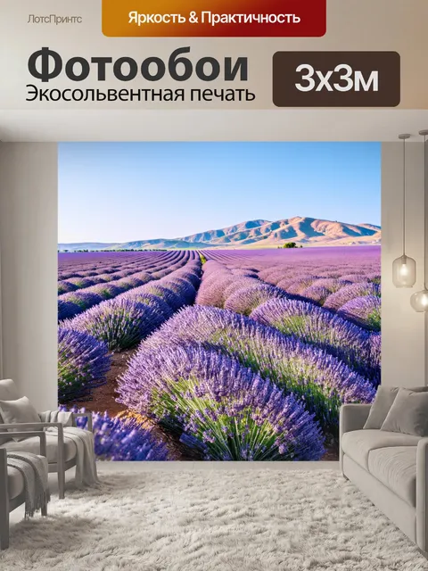 Фотообои горы, покрытые лавандовыми полями, создающими изысканный контраст с чистым небом