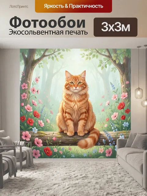 Фотообои Рыжий кот в цветущем лесу