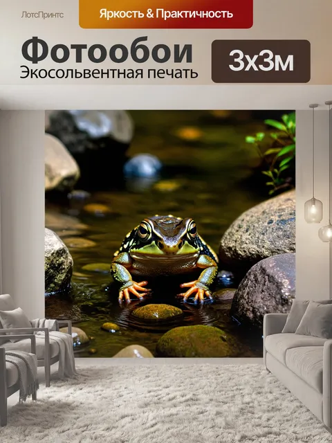 Фотообои жаба, спрятавшаяся среди камней у ручья, её глаза блестят, словно луна