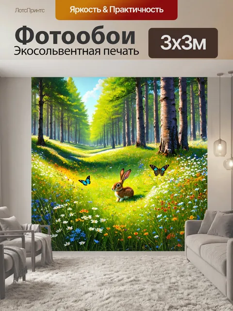 фотообои лес в стиле неоромантизм: идиллический пейзаж с цветущими полевыми цветами на фоне высоких сосен