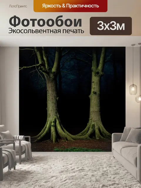 Фотообои тёмный лес с двойными деревьями