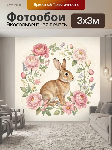 Фотообои Кролик среди цветущих пионов