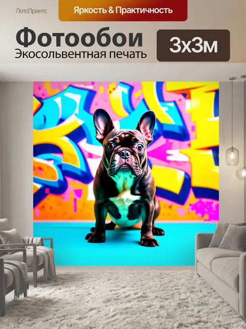 Фотообои герда, французский бульдог, позирует на фоне яркого граффити в стиле поп-арт, создавая контраст между…