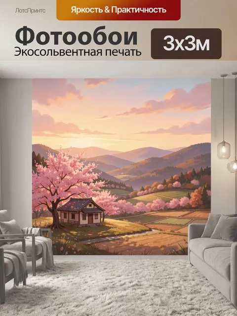 Фотообои Сельский пейзаж на закате с цветущими деревьями