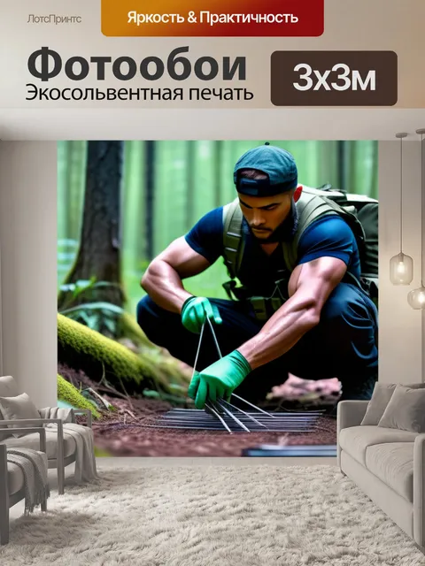 Фотообои ополченец, настраивающий ловушки в лесу