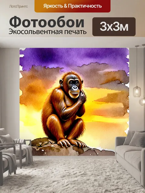 Фотообои на фоне заката, орангутанг смиренно сидит на камне, охватывая свои колени