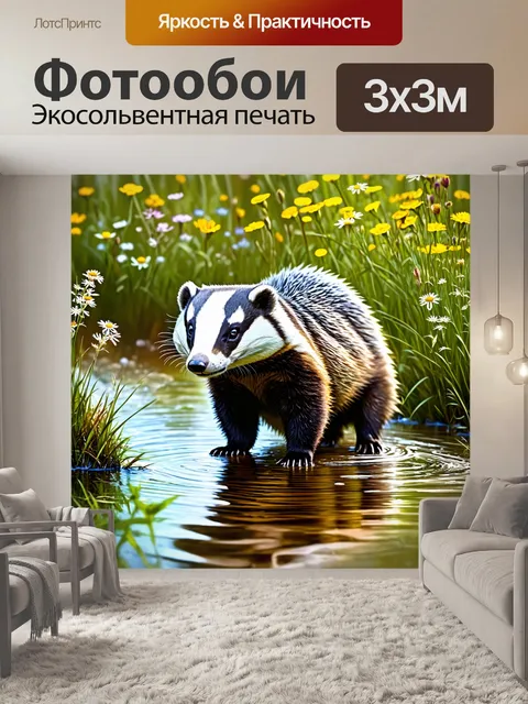 Фотообои барсук, исследующий бурную речку, где отражаются цветы диких растений