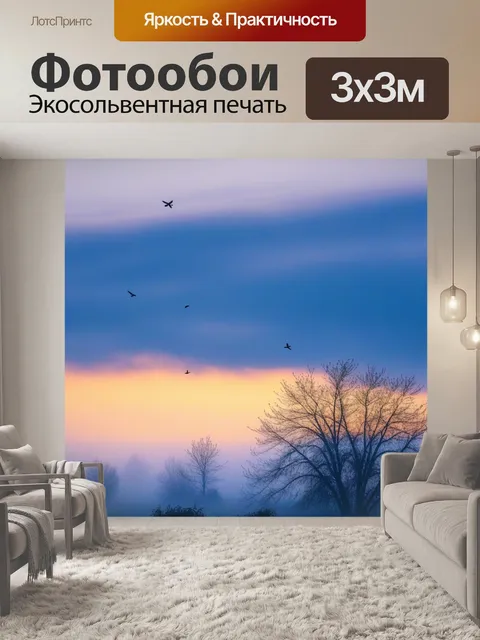 Фотообои уютное утреннее небо с испаряющимся туманом и воробьями