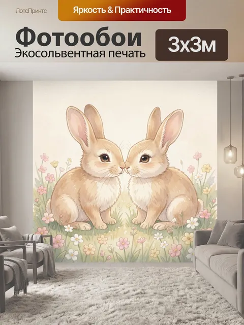 Фотообои Два кролика среди цветов