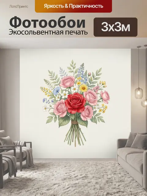 Фотообои Букет роз с полевыми цветами