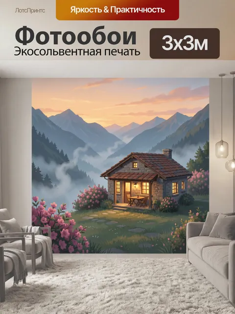 Фотообои Уютный домик в горах на закате