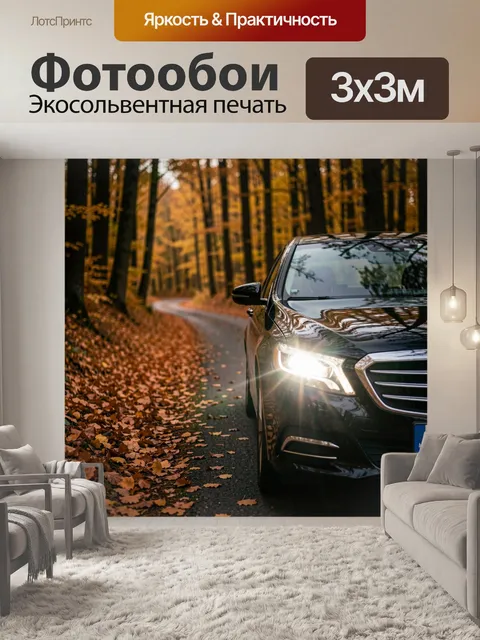Фотообои Автомобиль на осенней лесной дороге