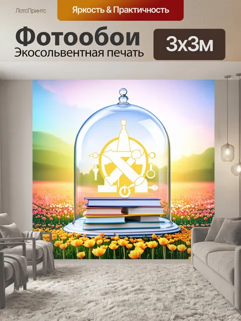 Фотообои на фоне цветущего поля цветов изображен символ атеизма