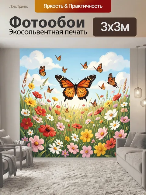 Фотообои Бабочки над цветущим лугом