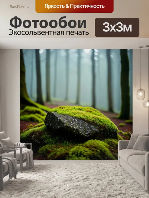 Фотообои утро, поросший мхом камень в горах под утренним туманом, где свет пробивается сквозь лес