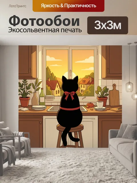 Фотообои Черная кошка у окна на кухне
