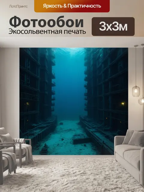 Фотообои море в стиле дизельпанк с массивными конструкциями, переходящими под водой и освещенными изнутри