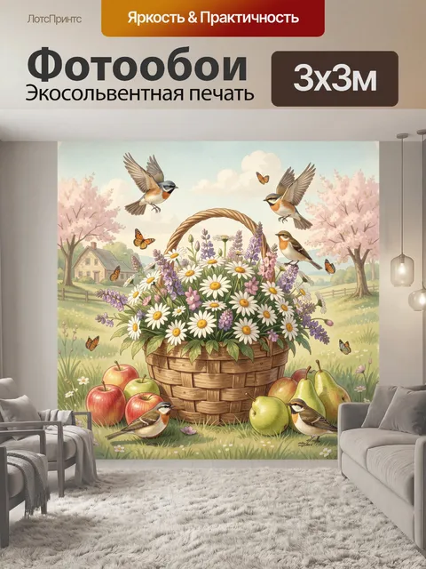 Фотообои Весенний сад с птицами и цветами