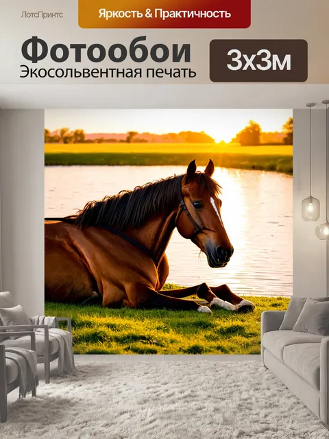 Фотообои лошадь, спокойная у пруда в лучах заката