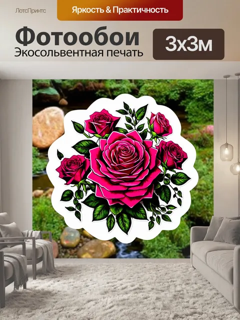 Фотообои розы в стиле стикер, с изображением роз, соединенных с элементами природы, такими как река и камни