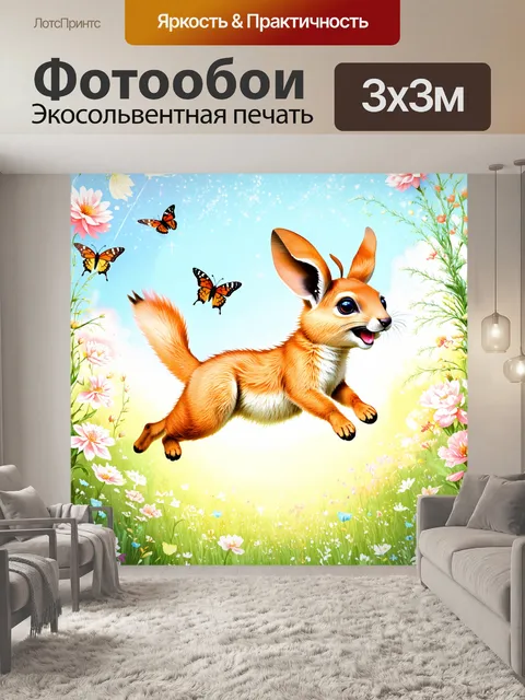 Фотообои изобразите марсупиламу, весело прыгающую по цветущему лугу, с яркими бабочками и цветами вокруг