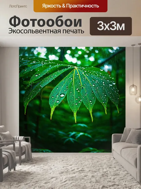 Фотообои лес с тропическим дождем, капли воды на листьях