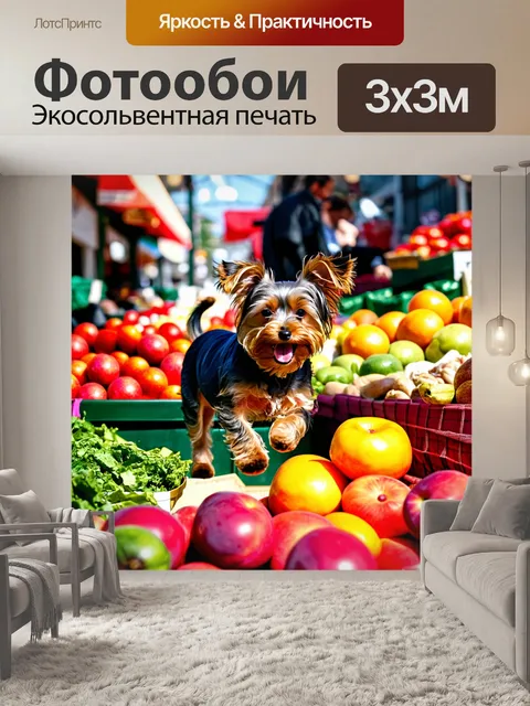 Фотообои на утреннем рынке в йорке, йоркширский терьер, трясущийся от радости, бегает между яркими овощами и фруктами