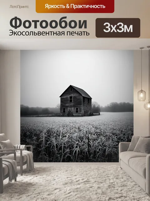 Фотообои черно-белый: старая деревянная мельница, окруженная полями, покрытыми утренним туманом