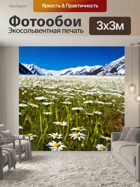 Фотообои большая поляна ромашек на фоне заснеженных гор, придающих сцене величия