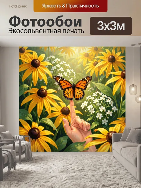 Фотообои Бабочка на пальце в цветах