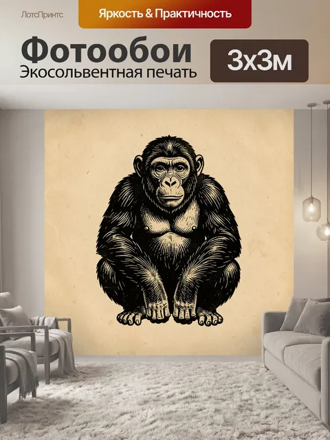 Фотообои Сидящая обезьяна в гравюре