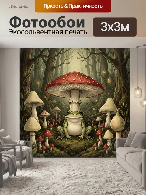 Фотообои Лягушка среди волшебных грибов