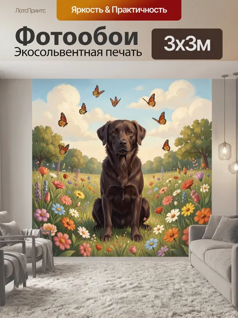Фотообои Лабрадор на цветочном лугу