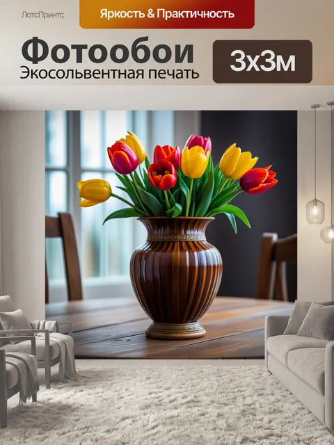 Фотообои тюльпаны в винтажной вазе на деревянном столе