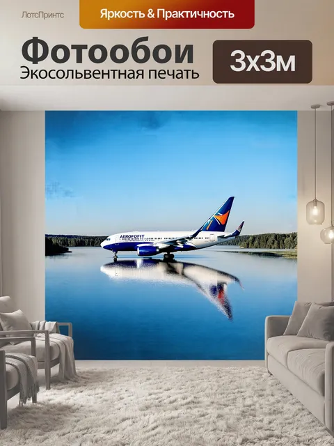Фотообои приземляющийся боинг аэрофлота эффектно вырисовывается на фоне умиротворяющего озера с зеркальной поверхностью