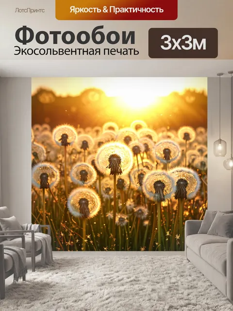 Фотообои визуализируйте поле одуванчиков в свете заката