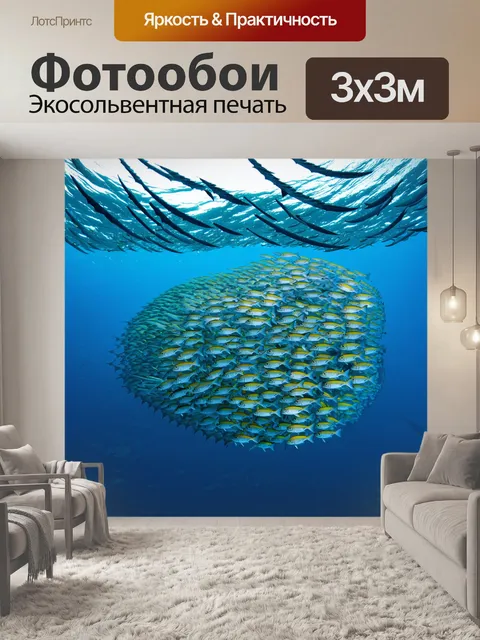 Фотообои стая рыб, образующая фигуру в открытом море