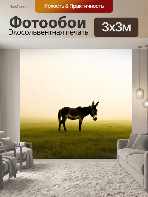Фотообои осел в туманном утре на лугу, изображенный в стиле минимализма, с использованием двух-трех основных цветов