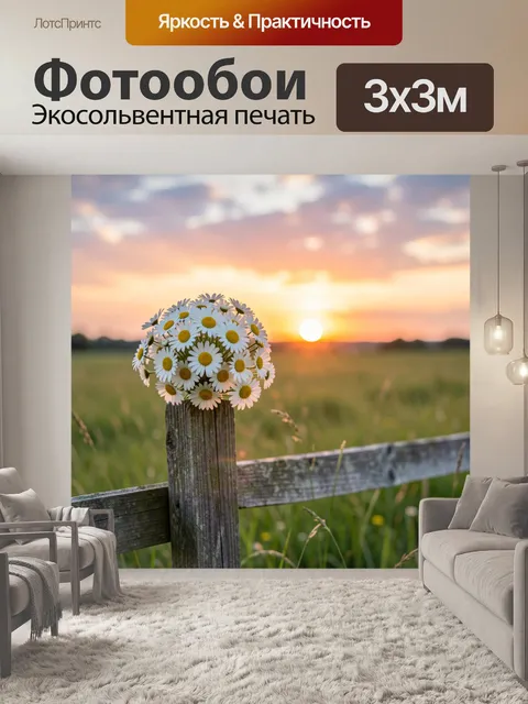Фотообои Ромашки на заборе на закате