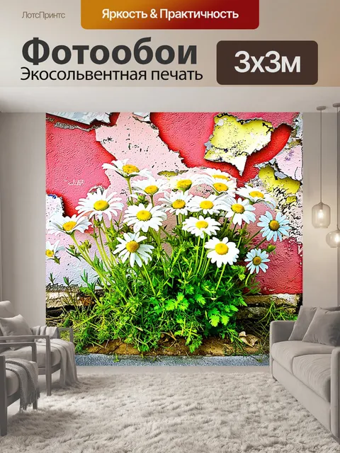Фотообои ромашки, растущие на фоне старой, заброшенной стены, с облупившейся краской и пробивающимися растениями