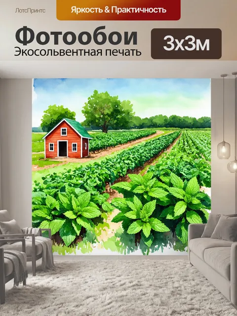 Фотообои мятный цвет с яркой мятной фермой, где растут зеленые травы и мятные овощи
