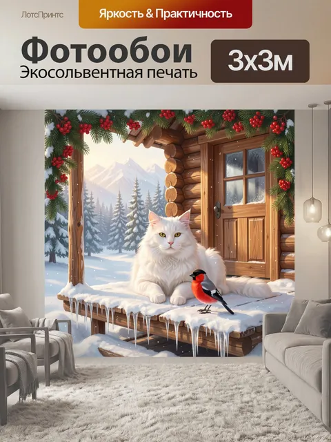 Фотообои Белый кот и снегирь зимой