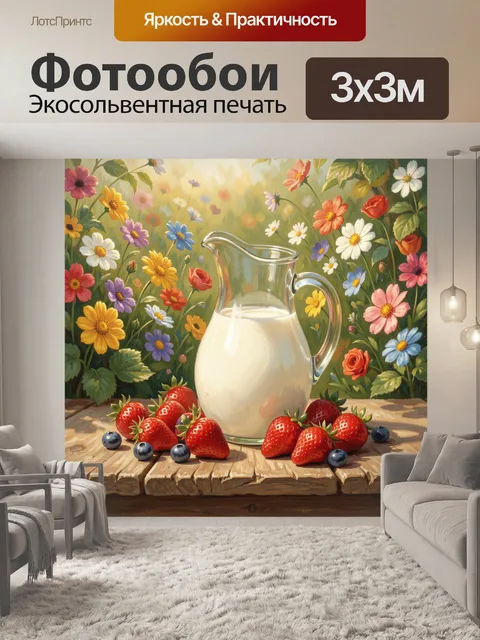 Фотообои Кувшин молока среди полевых цветов