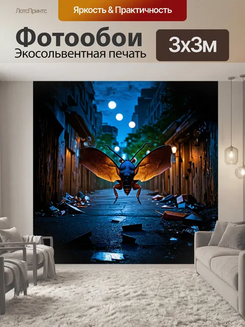 Фотообои на фоне ночного, urban_jungle пейзажа, освещенного луной и неоновыми огнями города, бражник, как темная…
