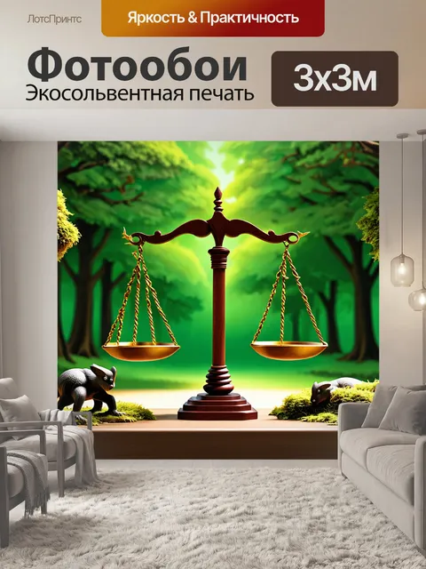 Фотообои изображение весов правосудия на фоне зеленого леса, окруженного деревьями и дикой природой
