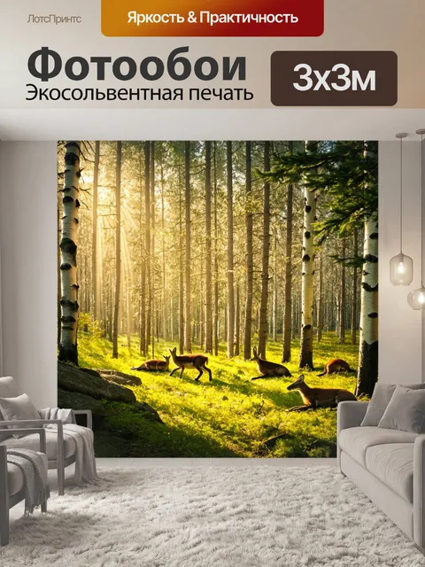Фотообои смешанный лес с березами и хвойными деревьями, солнечные лучи пробиваются через листву, отдыхающие животные