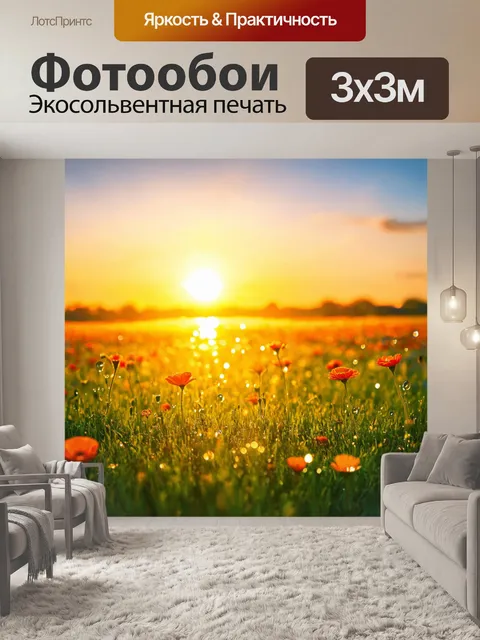 Фотообои нежный закат над полем с яркими цветами, где роса сверкает на траве