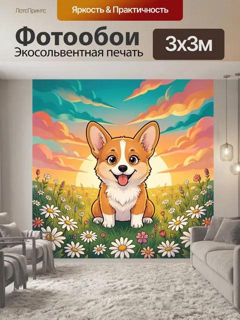 Фотообои Улыбчивый корги в цветущем поле